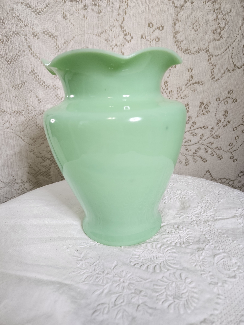 8-inch jadeite "Sarah" ruffled vase, likely made by the McKee Glass Company